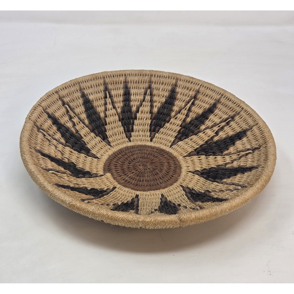 Handwoven Coiled Sisal Basket Bowl African Style Starburst Black Brown 10" Boho
